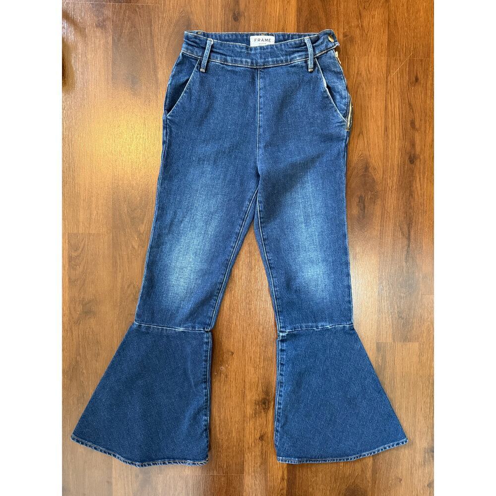 Frame Denim Flounce Jeans Delavan Blue Sz 26 Crop Flare Side Zip Boho - Picture 2 of 9